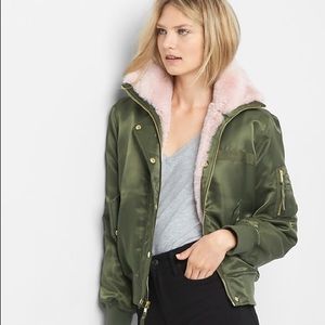 Gap green satin pink fur bomber jacket